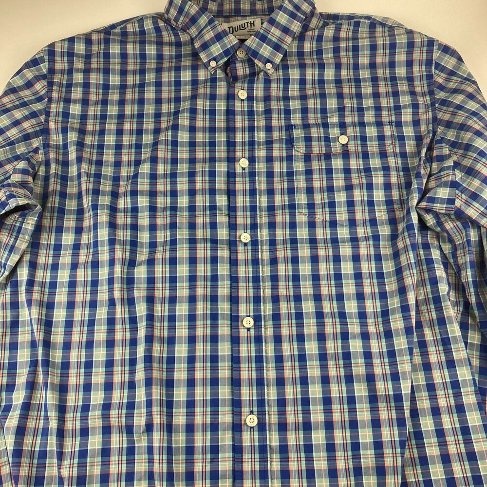 Duluth Trading Shirt Mens 3XL Relaxed Fit Plaid Button Down Stretch Blue